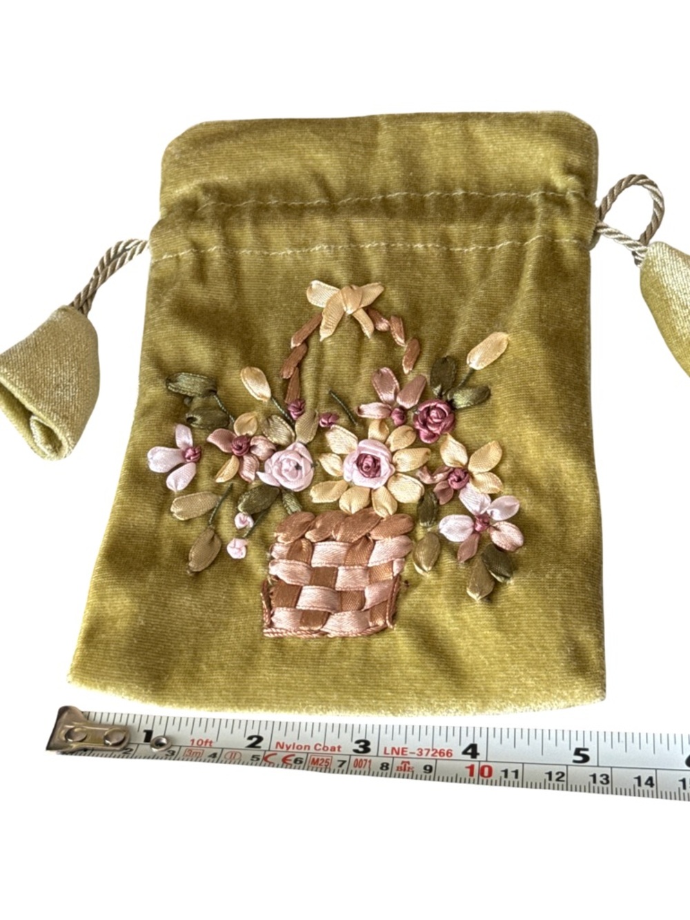 Embroidered Olive Green Velvet Drawstring Pouch - Picture 2 of 4